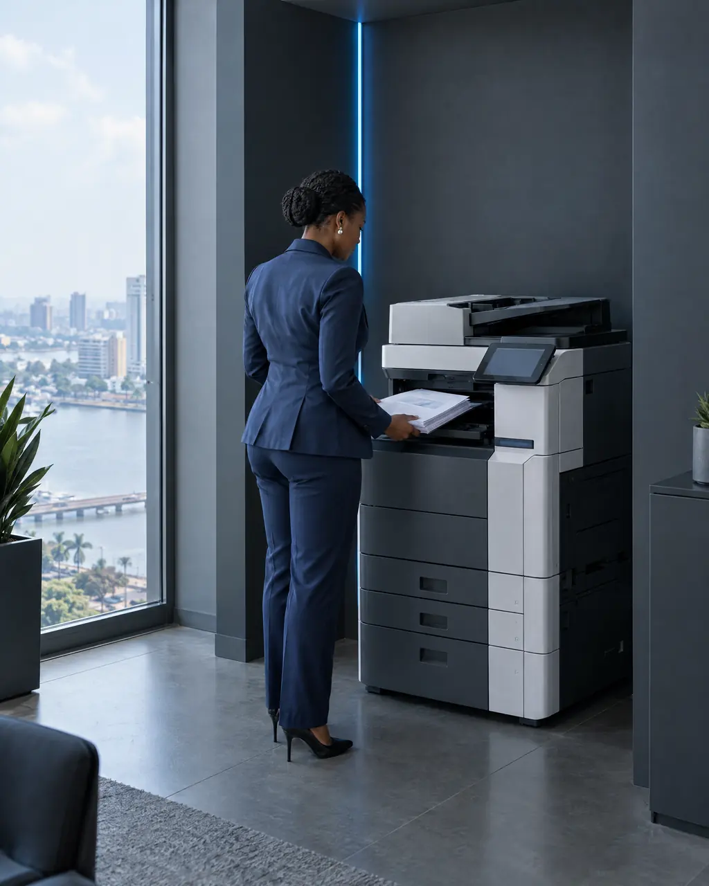 Une responsable utilise un copieur multifonction dans un bureau