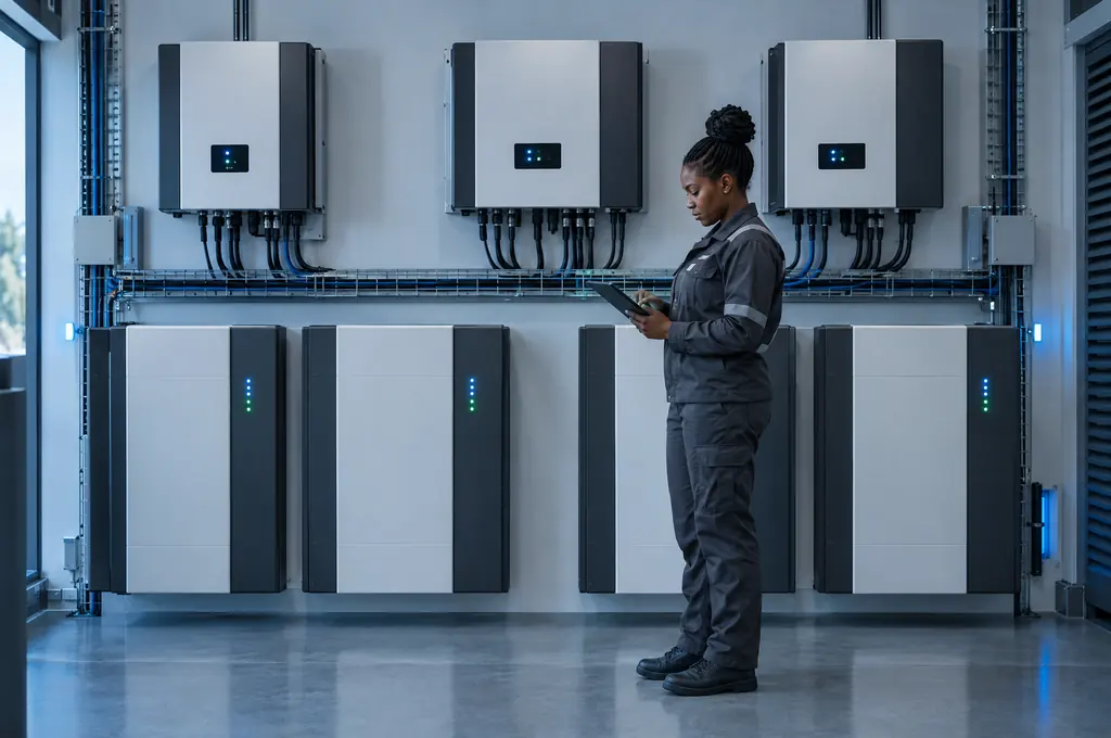Une technicienne contrôle une installation de stockage d'énergie sur sa tablette