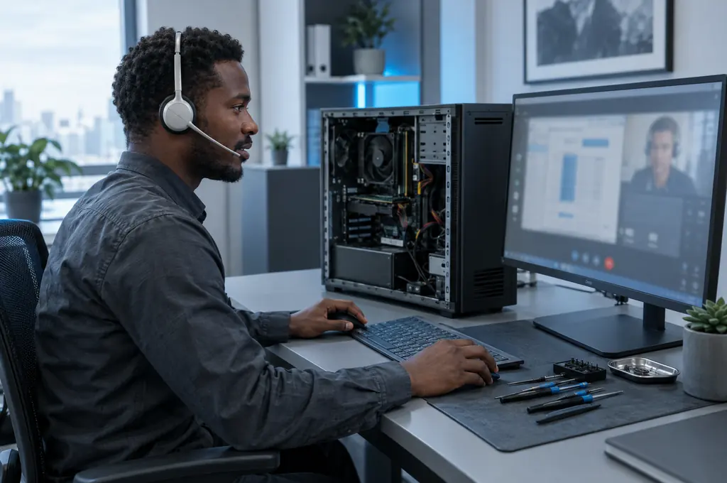 Un technicien en casque assiste un client à distance