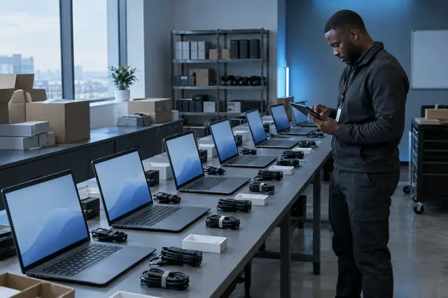 Un technicien prépare une série d'ordinateurs portables avant leur livraison