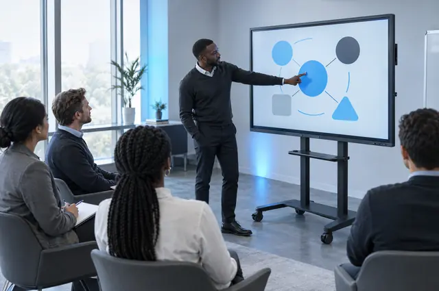 Présentation sur un écran interactif en salle de réunion