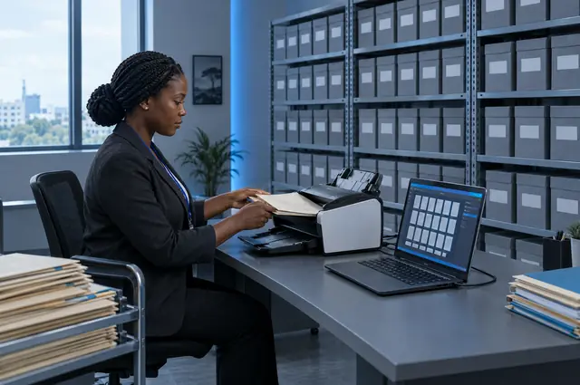 Une employée numérise des dossiers devant un mur d'archives