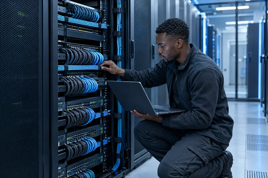 Technicien intervenant sur une baie informatique